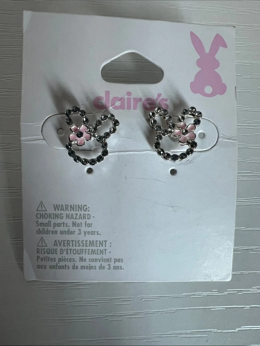 Claire's Silver Bunny Stud Earrings with Pink Flower NWT